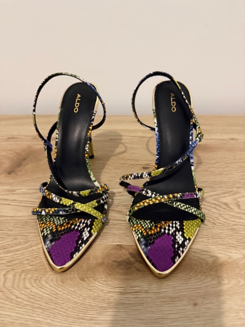 ALDO Purple, Green & Yellow Snakeskin Strappy Heels